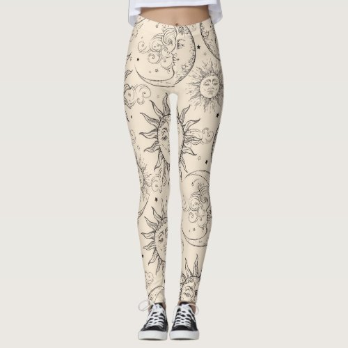 Ivory Cream Magic Vintage Celestial Sun Moon Stars Leggings