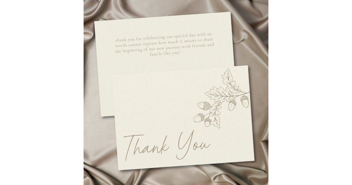 Ivory Cream Minimalist Leaf Acorn Fall Wedding Thank You Card | Zazzle