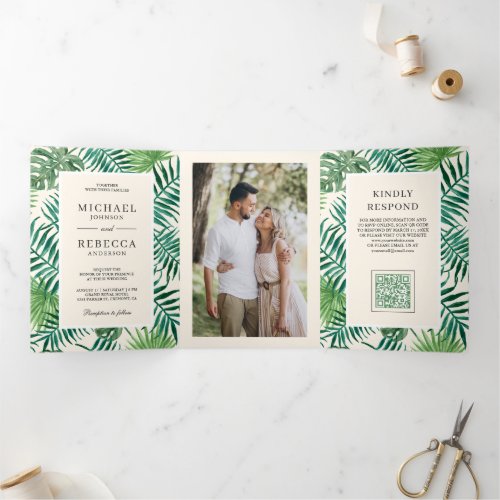 Ivory Cream Palm Leaves Tropical QR Code Wedding Tri-Fold Invitation