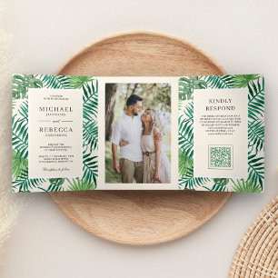 Ivory Cream Palm Leaves Tropical QR Code Wedding Tri-Fold Invitation