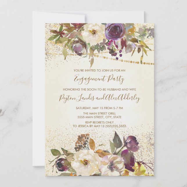 Ivory Cream Purple Floral Glitter Engagement Party Invitation (Front)