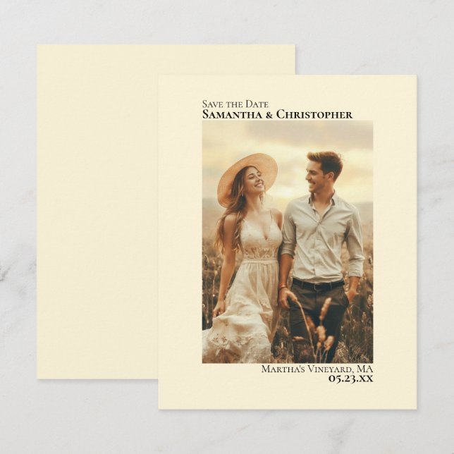 Ivory Cream Vertical Photo Minimalist Wedding Save The Date (Front/Back)