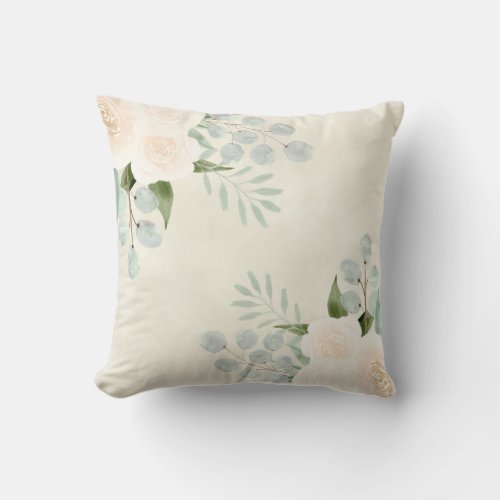 Ivory Cream Watercolor Roses  Eucalyptus Leaves Throw Pillow