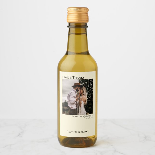 Ivory Cream Wedding Photo Love & Thanks Mini Wine Label (Front)