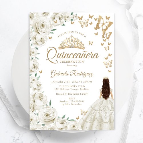 Ivory Cream White Watercolor Floral Quinceanera Invitation