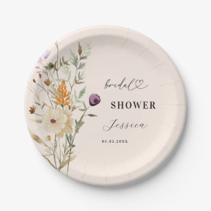 Ivory Cream Wildflowers Heart Script Bridal Shower Paper Plates