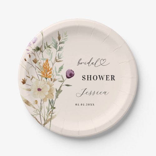 Ivory Cream Wildflowers Heart Script Bridal Shower Paper Plates
