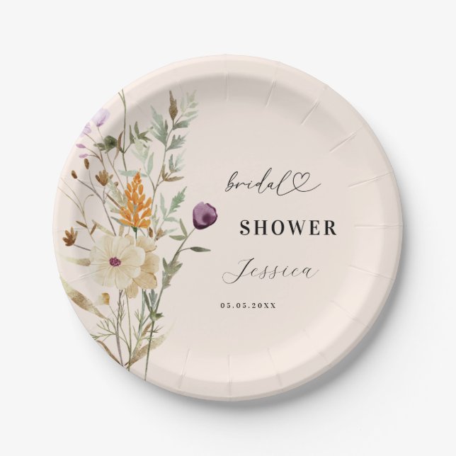 Ivory Cream Wildflowers Heart Script Bridal Shower Paper Plates (Front)