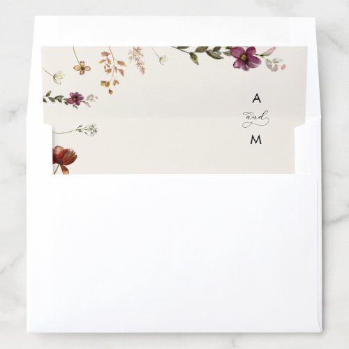 Ivory Cream Wildflowers  Monogram Fall Wedding Envelope Liner