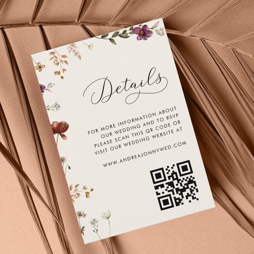 Ivory Cream Wildflowers QR Code Wedding Details    Enclosure Card