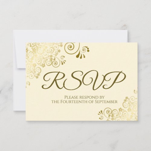 Ivory Cream with Elegant Gold Lace Frilly Wedding RSVP Card