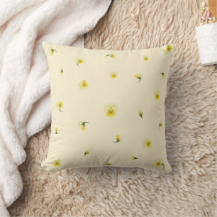 Ivory Cream Yellow Japanese Viola Floral Pattern Throw Pillow