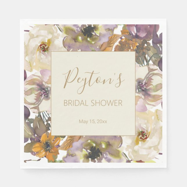 Ivory Cream Yellow Purple Floral Bridal Shower Napkins (Front)