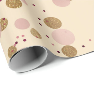 Ivory Creamy Gold Crystals Dots Confetti Pink Wrapping Paper