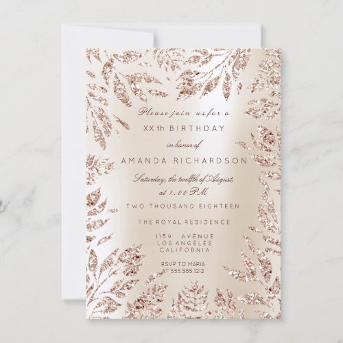 Ivory Creamy Rose Gold Glitter Leafs Floral Frame Invitation