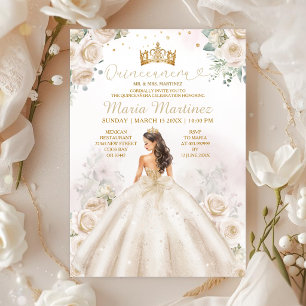 Ivory Creme Princess Dress Gold Crown Quinceañera Invitation