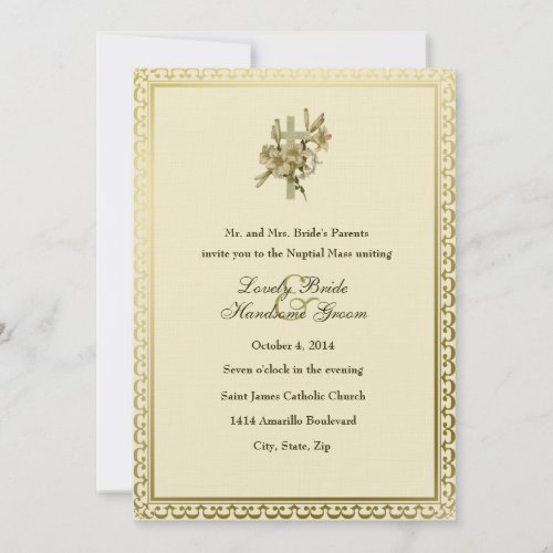 Ivory Cross Lilies Catholic Wedding Invitation