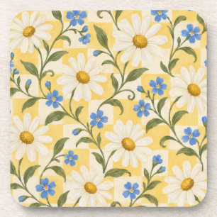 Ivory Daisies and Blue Flowers on Buttercup Checks Beverage Coaster