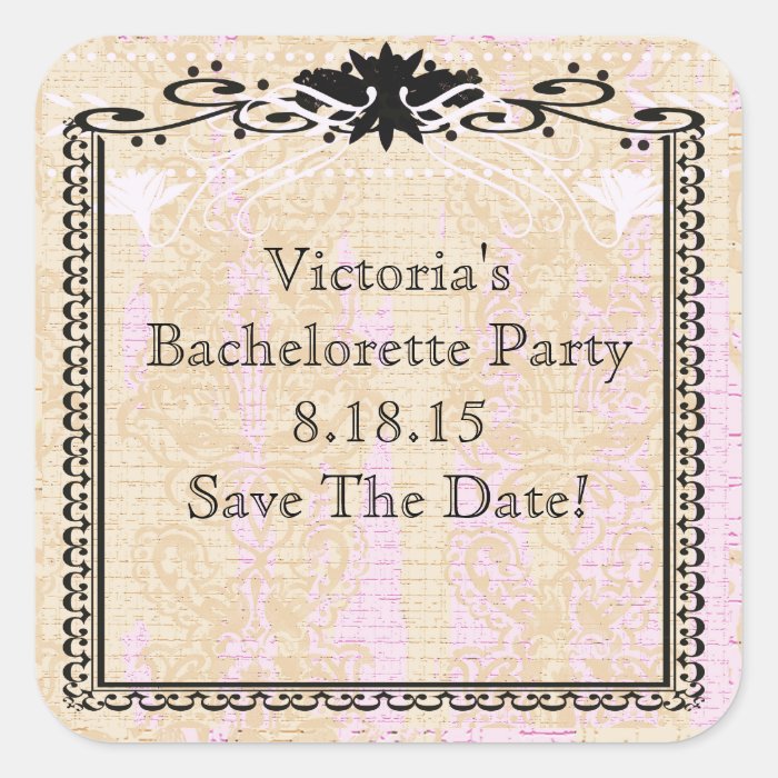 Ivory Damask and Lace Bachelorette Save The Date   Square Sticker