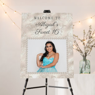 Ivory Damask White Pearls Photo Sweet 16 Welcome Foam Board