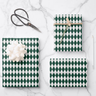 Ivory & Dark Green Harlequin Diamonds Wrapping Paper Sheets