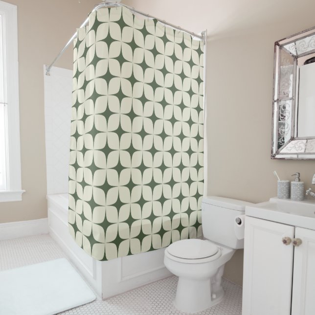 Ivory & Deep Green Mid Century Modern Geometric  Shower Curtain (In Situ)