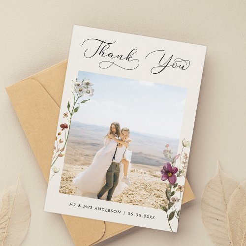Ivory Delicate Wildflowers Photo Wedding Thank You
