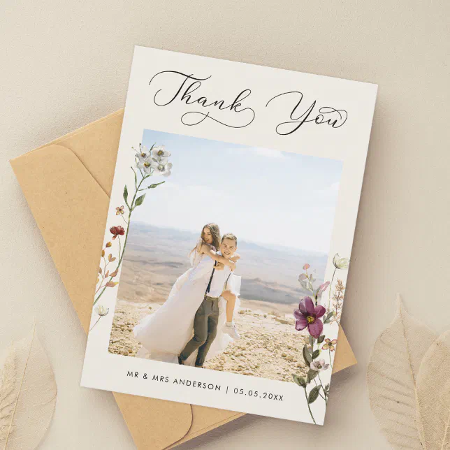 Ivory Delicate Wildflowers Photo Wedding Thank You Card | Zazzle