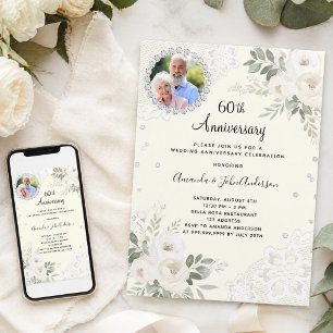 Ivory diamonds florals 60th wedding anniversary invitation