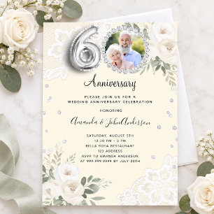 Ivory diamonds florals 60th wedding anniversary invitation