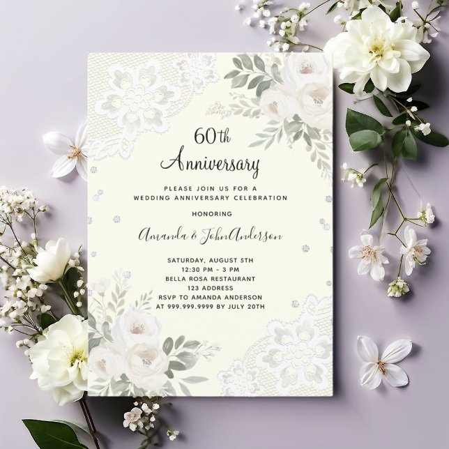Ivory diamonds florals 60th wedding anniversary invitation (Creator Uploaded)