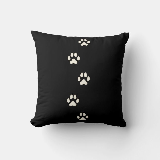 Ivory Dog Paw Prints Canine Tracks Black Throw Pillow (Front)