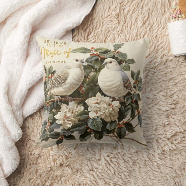 Ivory Doves Christmas Holly Magic Throw Pillow (Blanket)