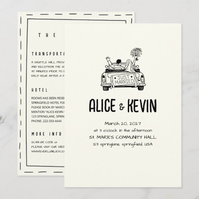 Ivory Drawn Illustration Minimalist QR Wedding Invitation (Front/Back)