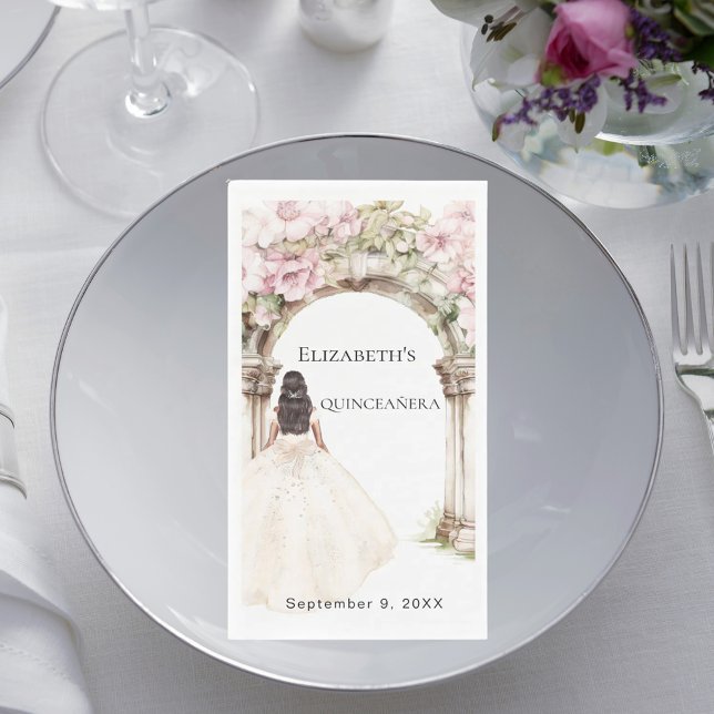 Ivory dress pink florals arch Quinceanera Paper Guest Towels (Creator Uploaded)