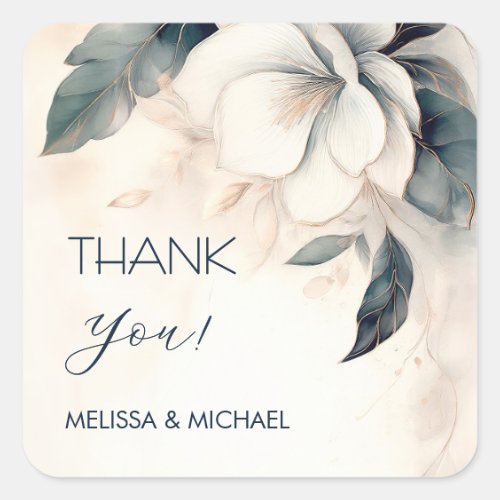 Ivory Dusty Blue Flowers Wedding Thank You Square Sticker