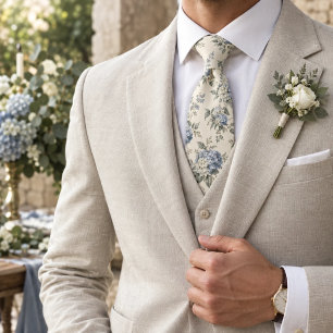 Ivory Dusty Blue Hydrangea Garden Neck Tie
