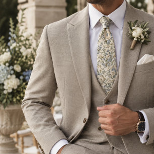 Ivory Dusty Blue Sage Floral Damask Neck Tie