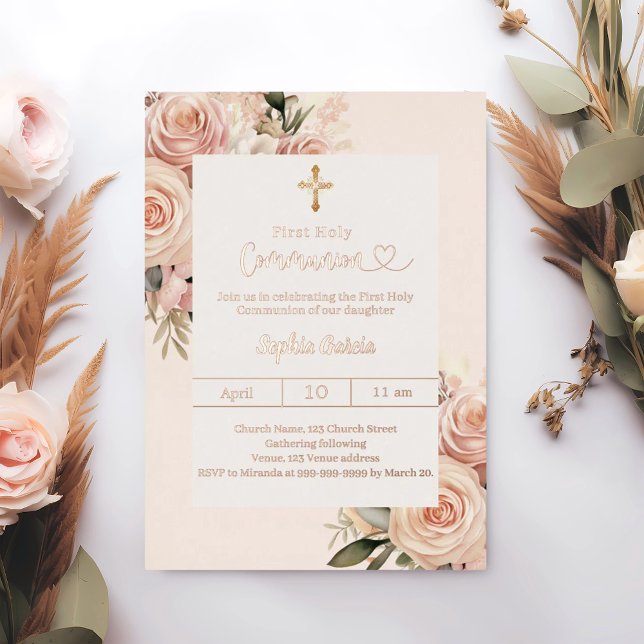 Ivory dusty rose florals First Communion rose gold Foil Invitation (Creator Uploaded)
