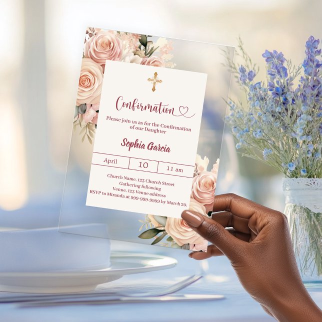 Ivory dusty rose florals luxury Confirmation Acrylic Invitations (Creator Uploaded)