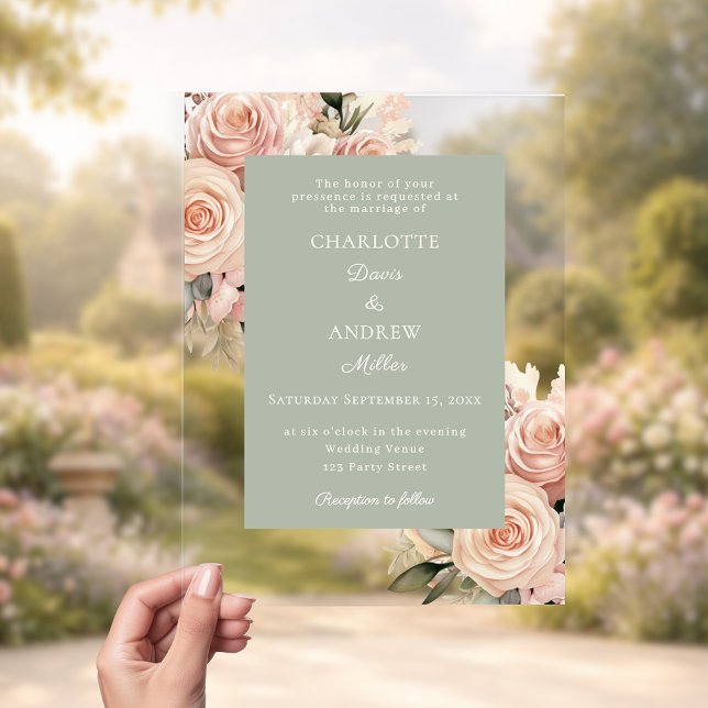 Ivory dusty rose florals sage green luxury wedding acrylic invitations (Creator Uploaded)