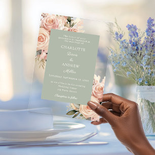 Ivory dusty rose florals sage green luxury wedding acrylic invitations