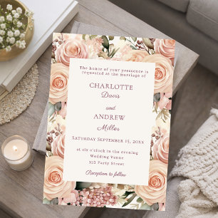 Ivory dusty rose mauve florals wedding invitation