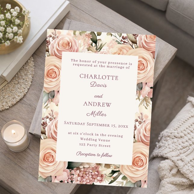 Ivory dusty rose mauve florals wedding invitation (Creator Uploaded)