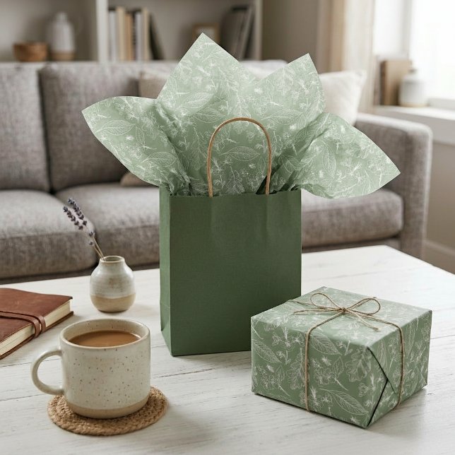 Ivory Ecru Leaves Floral Art Pattern On Sage Green Tissue Paper (Creator Uploaded)