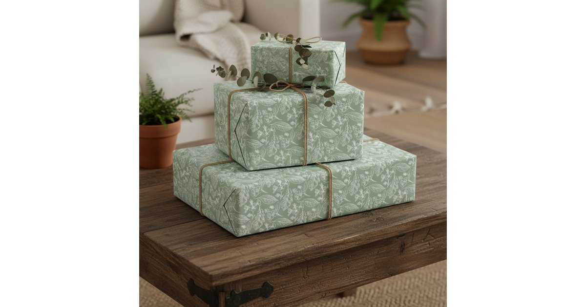 Ivory Ecru Leaves Floral Art Pattern On Sage Green Wrapping Paper | Zazzle