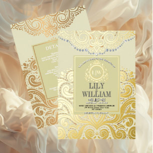 Ivory Elegant Artdeco Diamond Monogram Wedding Foil Invitation