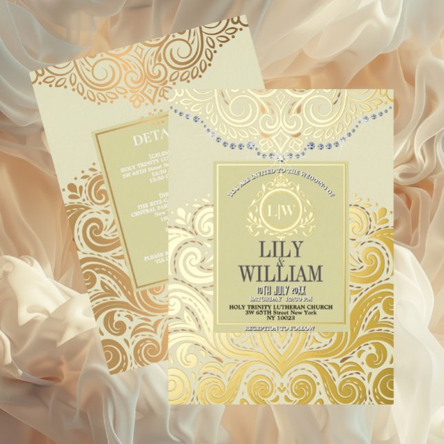 Ivory Elegant Artdeco Diamond Monogram Wedding Foil Invitation (Luxurious Elegant Classic Boho Wedding Invitation - Real Foil and Monogram)