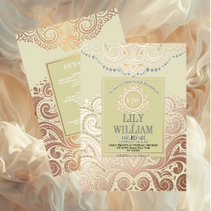 Ivory Elegant Artdeco Diamond Monogram Wedding Foil Invitation