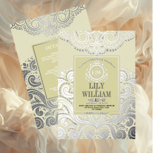 Ivory Elegant Artdeco Diamond Monogram Wedding Foil Invitation